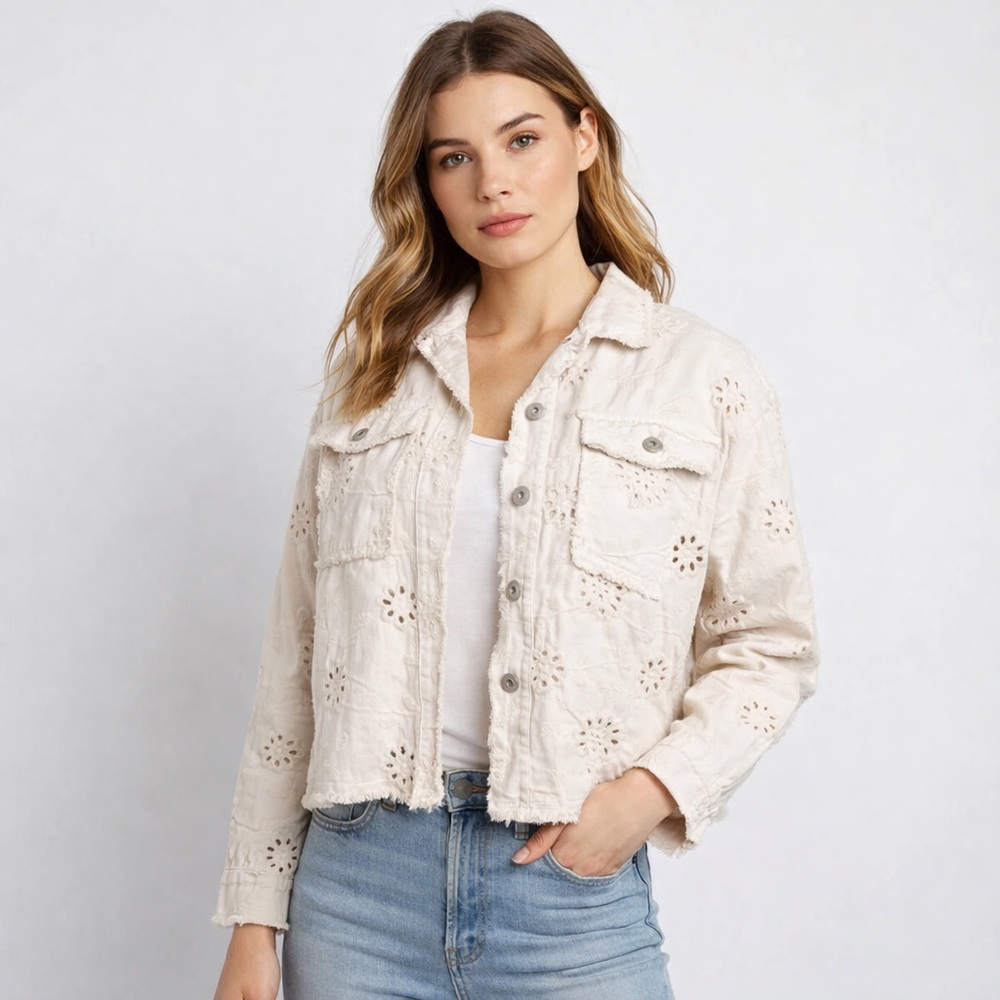 MÉLIE Roma Oatmeal Eyelet Cotton Boxy Jacket Sz 24 M Made in Italy Frayed  NWT